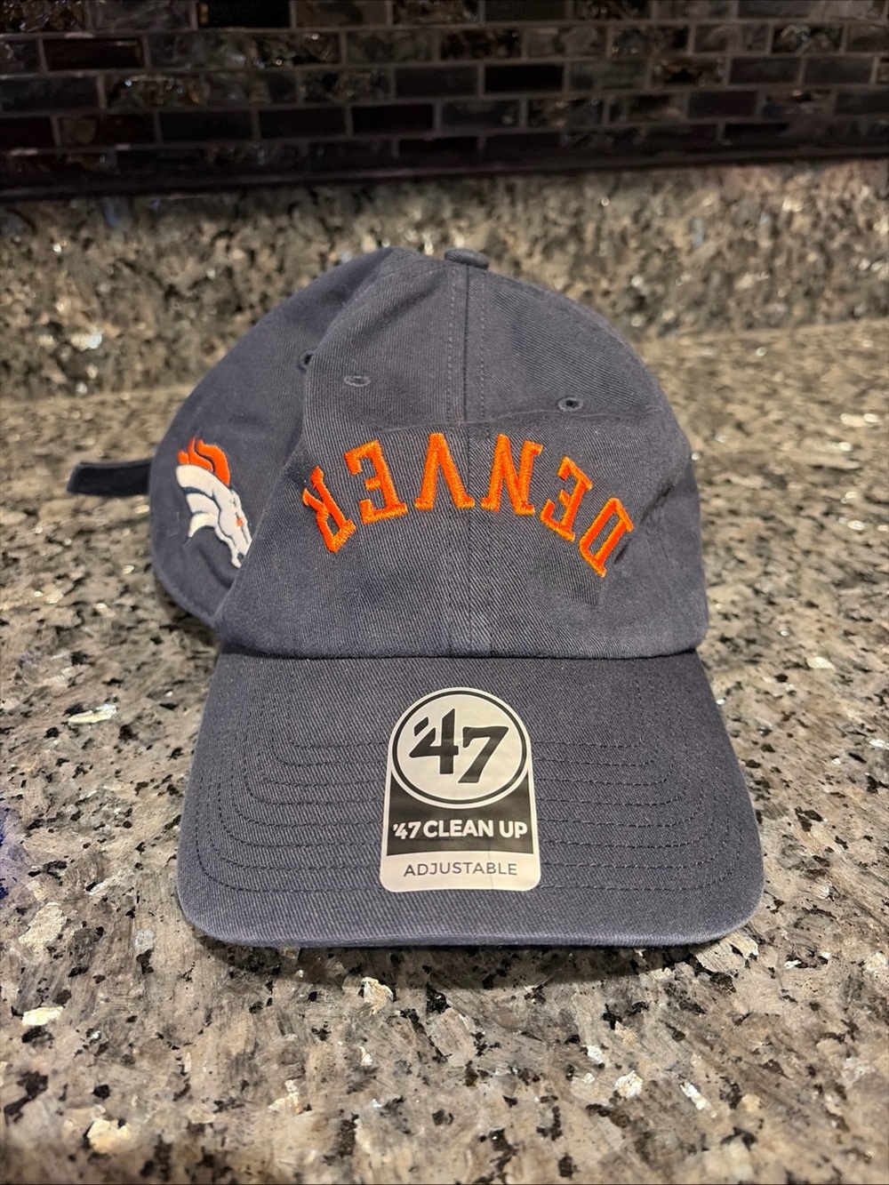Denver Broncos NFL 47 Strapback Dad Hat Flip Script Upside Down Spellout NEW